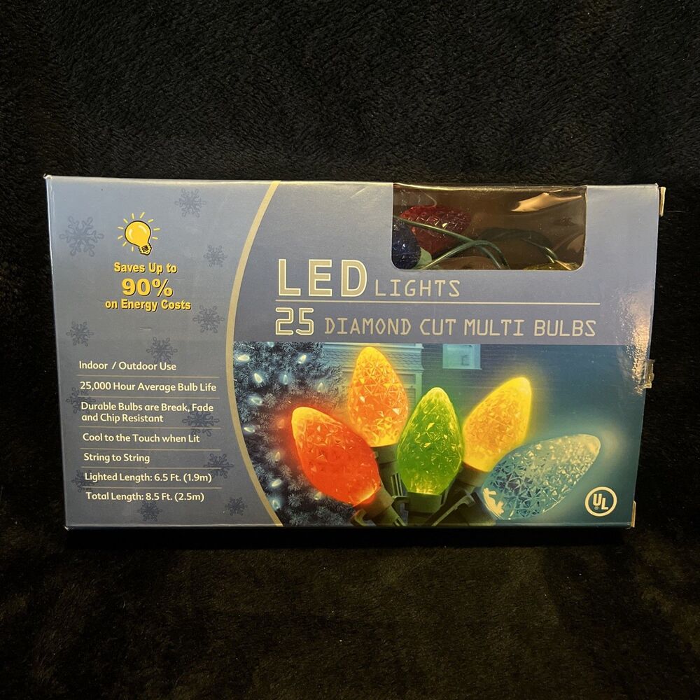 UL 25 Multi Color LED Diamond Cut Bulbs String Lights Indoor Outdoor Use 8.5 FT